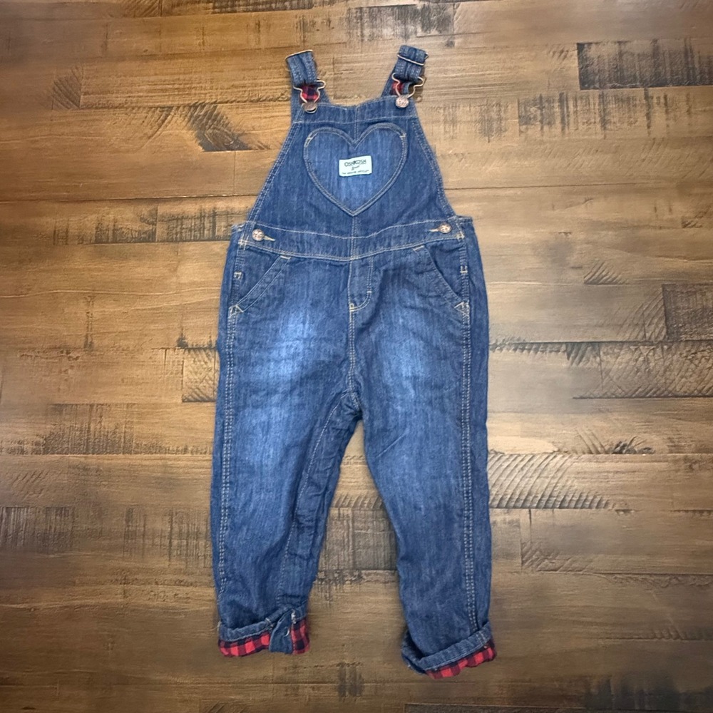 OshKosh B'gosh Denim Overalls 24M Heart Pocket Red Plaid‎ Cuffs Toddler Girl